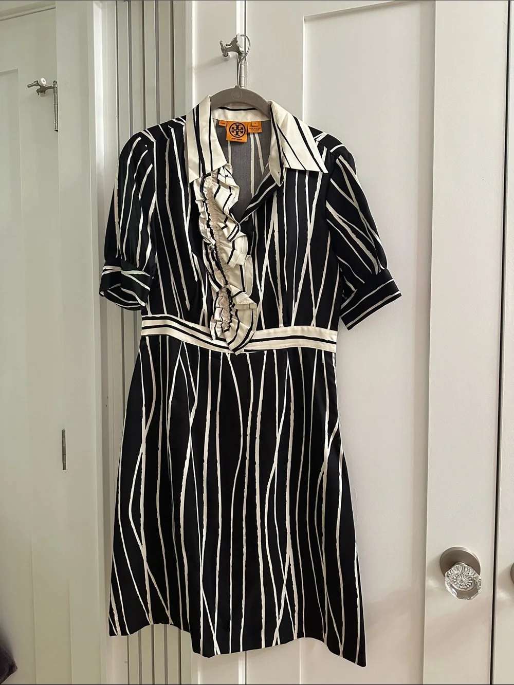 Tory Burch Black and White Ruffle-Front Shirt Dress